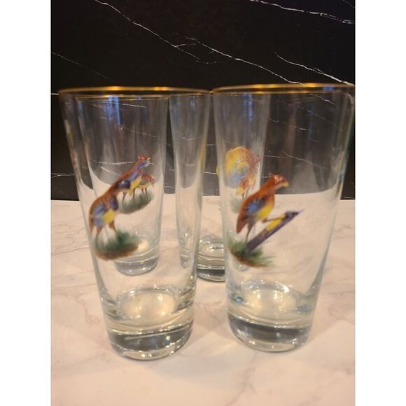 4 Highball Gold Rimmed Bar Glasses With 3D Enameled Game Birds Pheasant Set EUC - Picture 15 of 15